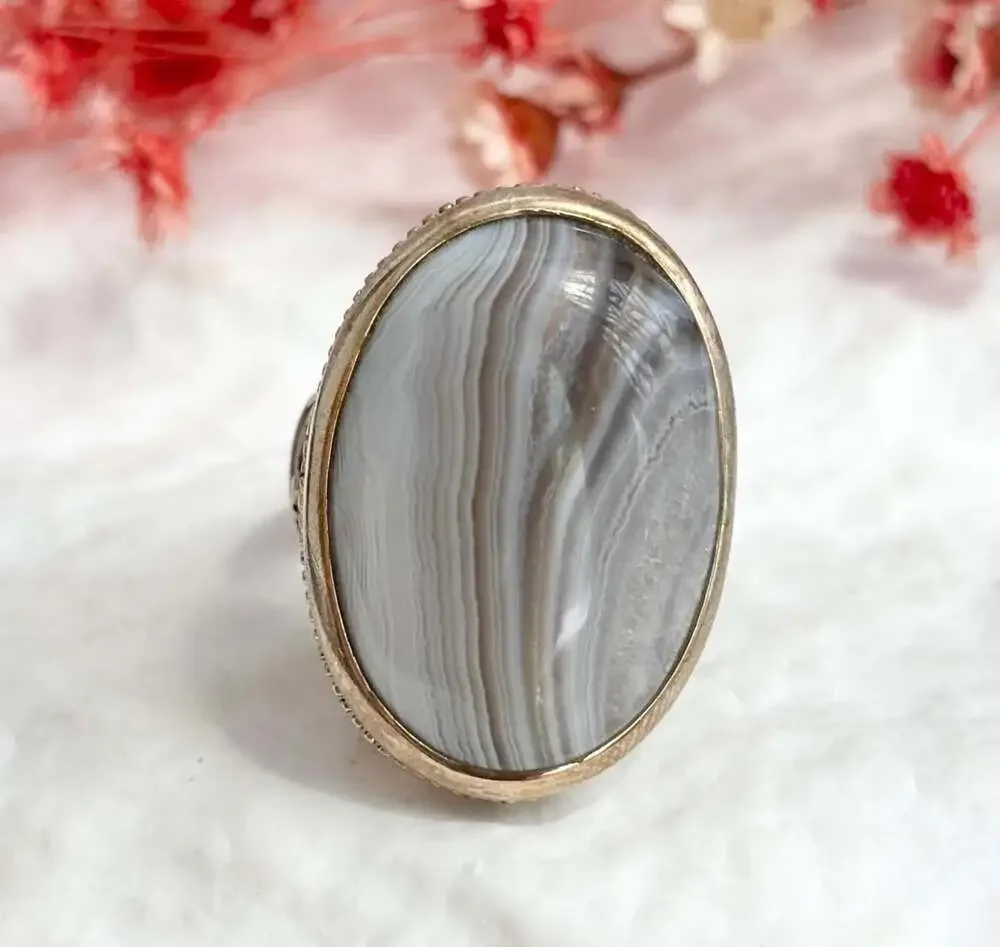 Grey Banded Agate Polished Cabochon Gemstone Sterling Silver 925 Vintage Ring -